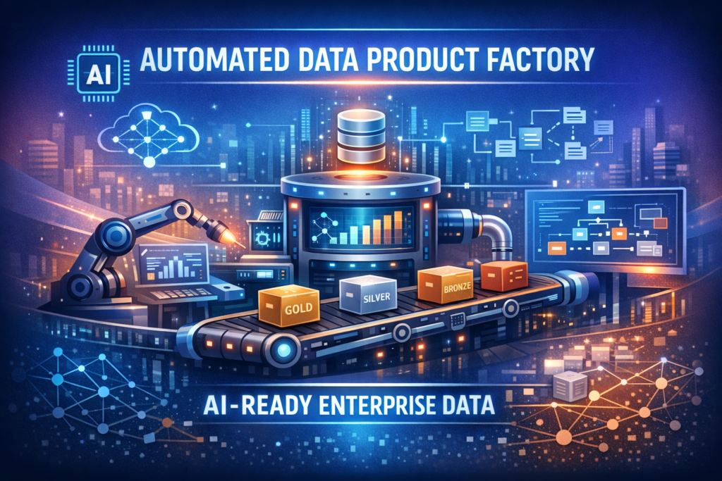 Ilustração digital representando uma fábrica automatizada de produtos de dados com elementos de inteligência artificial, pipeline tecnológico e classificação de confiabilidade de dados para uso corporativo.