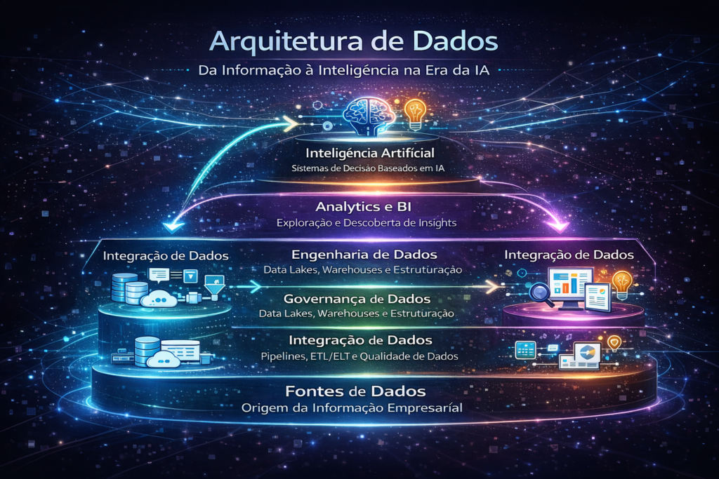Infográfico ilustrando a arquitetura moderna de dados nas empresas, mostrando o fluxo desde fontes de dados até analytics e inteligência artificial.