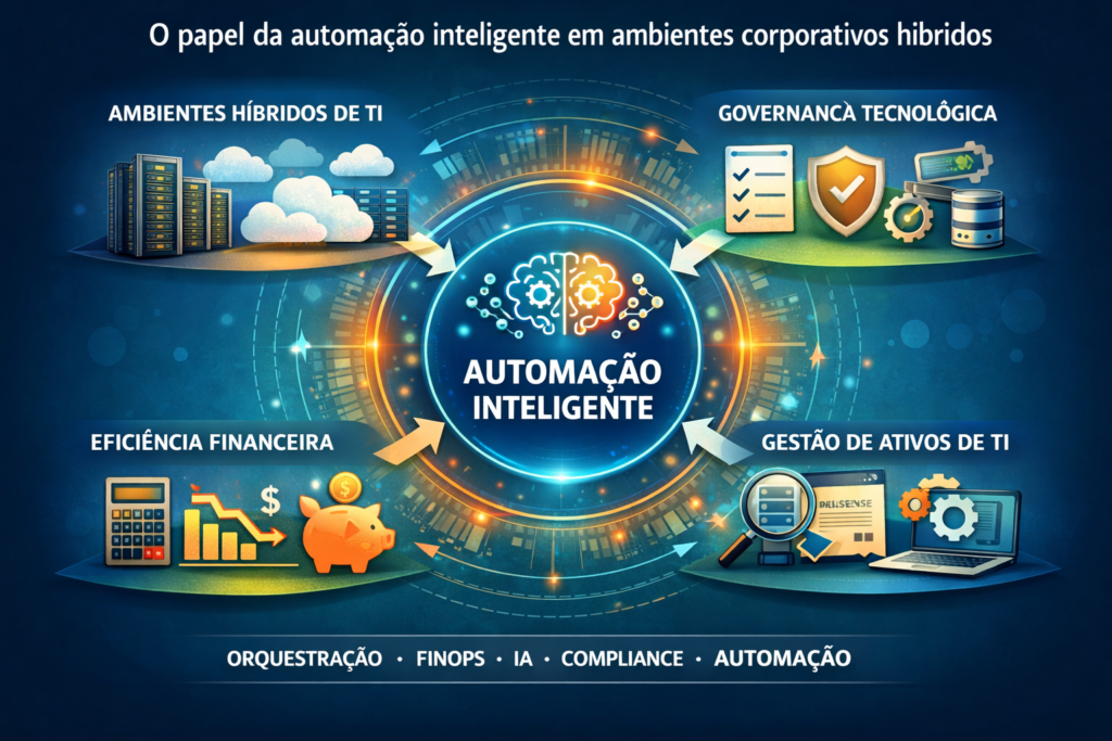 Diagrama conceitual representando a integração entre automação inteligente, ambientes híbridos de TI, governança tecnológica e otimização operacional.