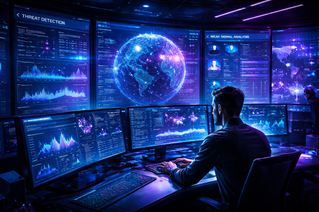 Centro de operações de cibersegurança futurista com análise de ameaças e threat hunting proativo.
