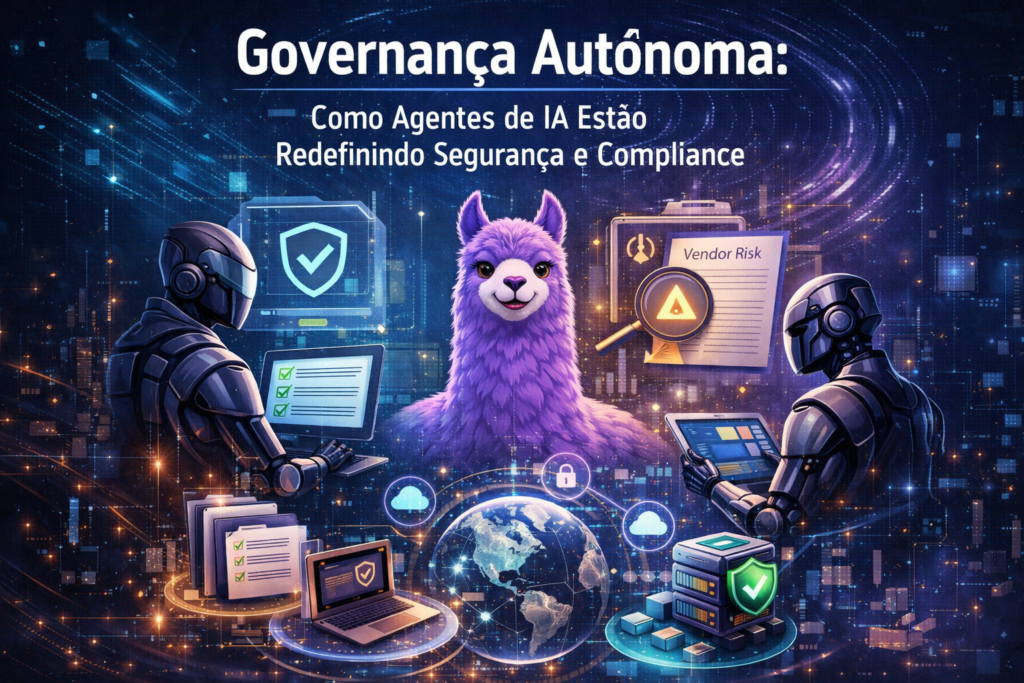 Ilustração conceitual mostrando agentes de IA automatizando governança de segurança, compliance e gestão de risco em ambientes digitais.