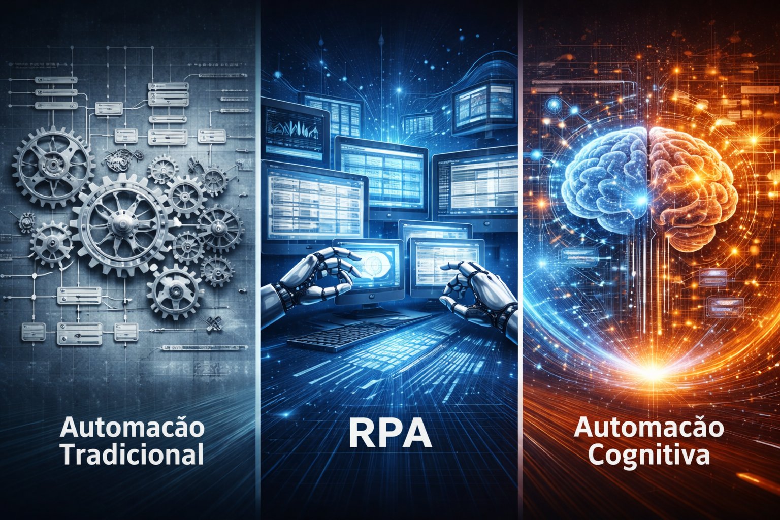 Comparação entre automação tradicional, RPA e automação cognitiva com inteligência artificial aplicada a processos empresariais.