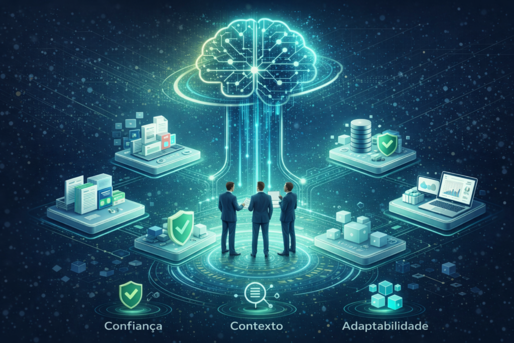 Ilustração representando arquitetura de dados com IA agentic, conectando dados estruturados, não estruturados e agentes inteligentes para tomada de decisão.
