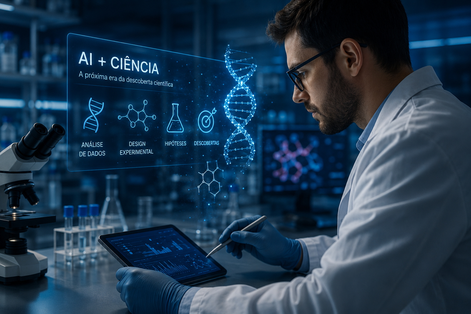 Cientista pesquisando com IA.
