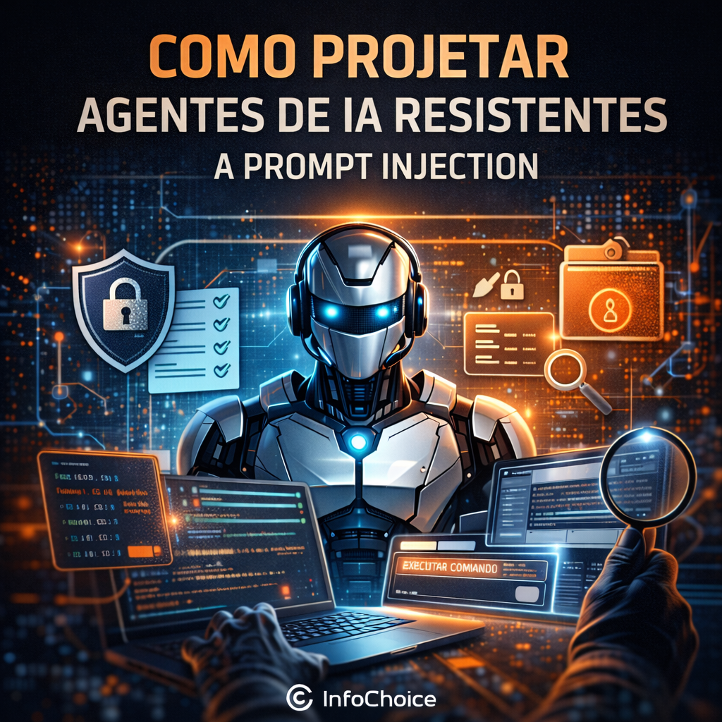 Ilustração de um agente de inteligência artificial cercado por camadas de segurança digital, representando o conceito de arquitetura segura para agentes de IA resistentes a prompt injection.