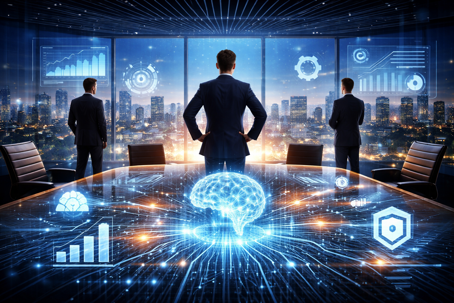 Ilustração conceitual de um CIO liderando a transformação digital com Inteligência Artificial, conectando estratégia, tecnologia e negócios em um ambiente corporativo moderno.