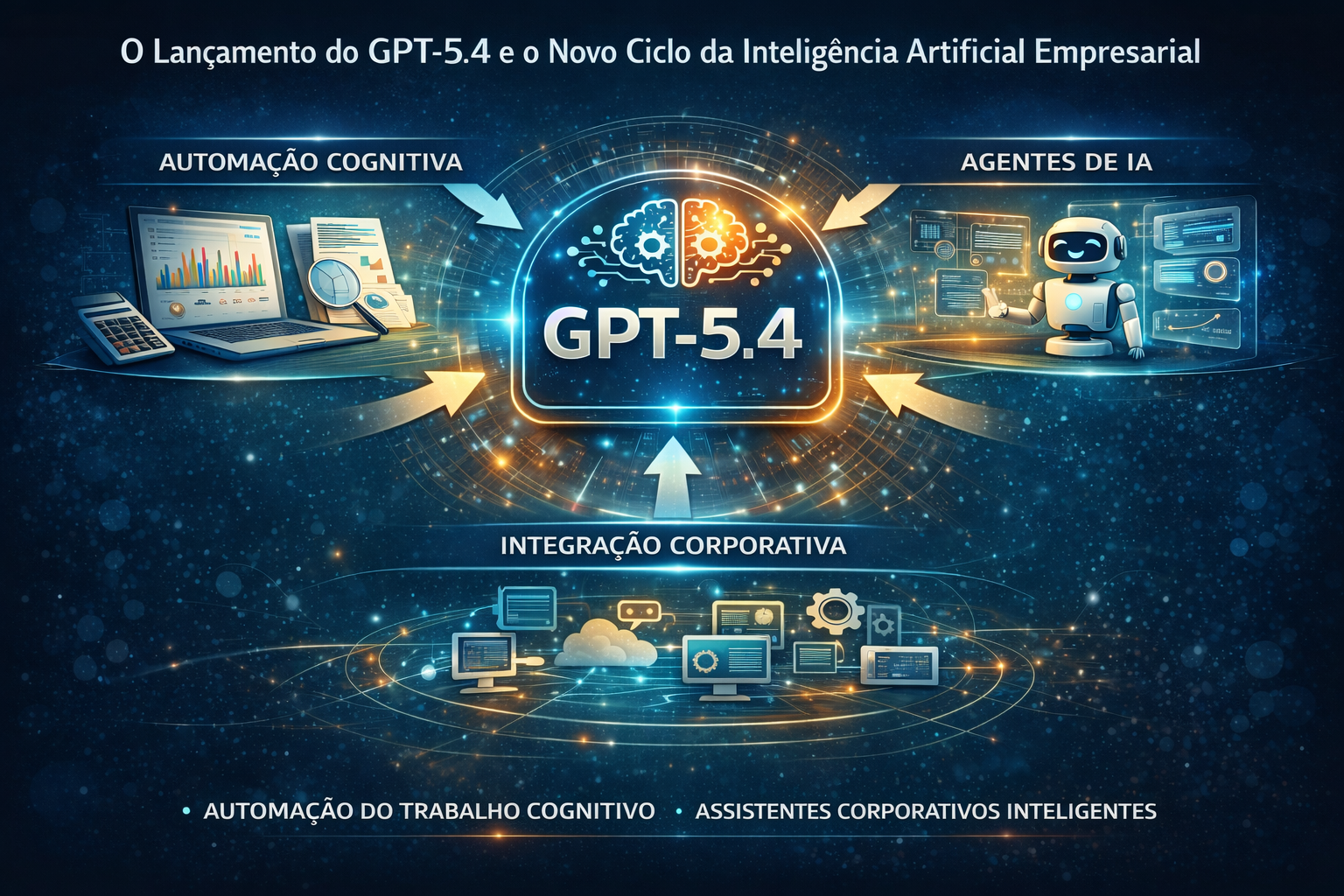 Infográfico representando a evolução da inteligência artificial empresarial com destaque para GPT-5.4, automação cognitiva, agentes de IA e integração com sistemas corporativos.