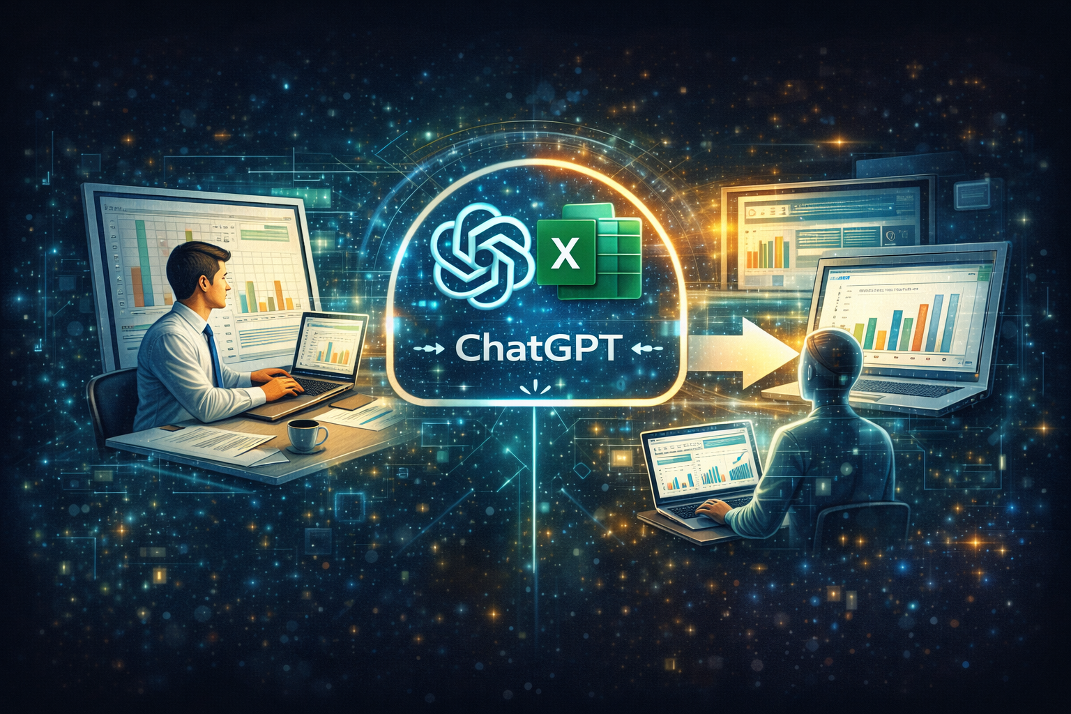 Ilustração mostrando a integração entre ChatGPT e Excel transformando planilhas corporativas em ambientes de análise inteligente de dados.