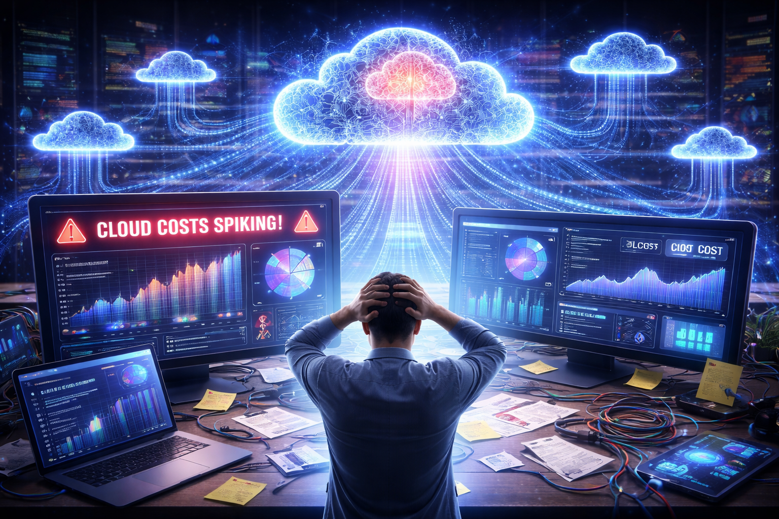 Ambiente de cloud com Inteligência Artificial mostrando dashboards financeiros complexos, múltiplos serviços e dificuldade no controle de custos em nuvem