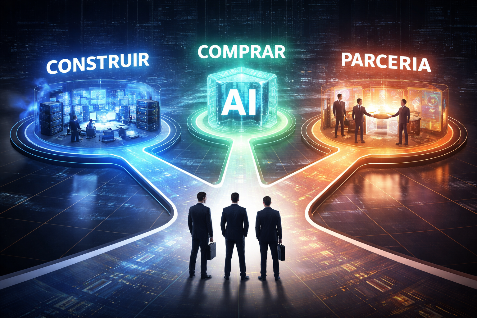 Ilustração conceitual representando as três estratégias de adoção de Inteligência Artificial — construir, comprar ou fazer parcerias — com elementos visuais de decisão, tecnologia e arquitetura empresarial.