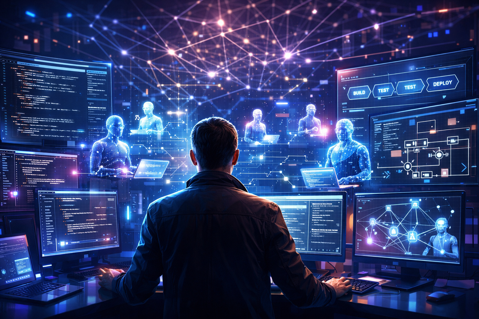 Desenvolvedor supervisionando agentes de inteligência artificial que geram código em um ambiente futurista de desenvolvimento de software.