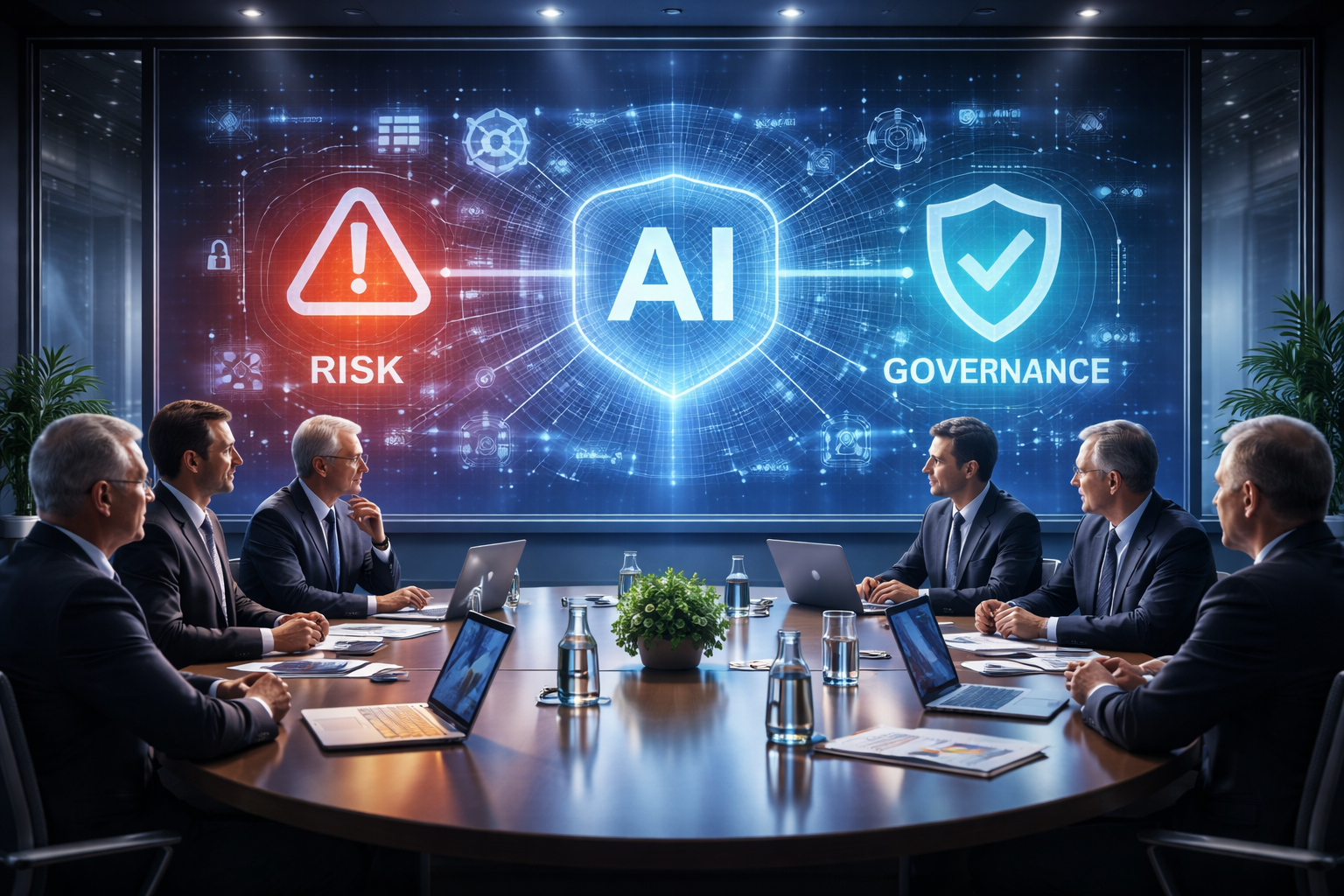 Ilustração conceitual de um conselho administrativo analisando riscos e estratégias relacionados à Inteligência Artificial, com elementos visuais de governança, dados e decisão corporativa.