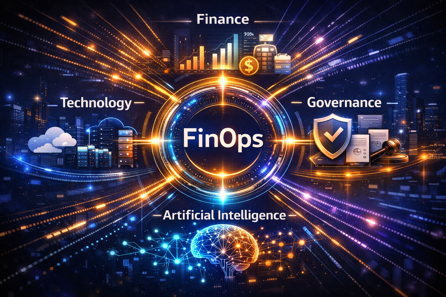 Diagrama conceitual mostrando a evolução do FinOps Framework 2026 e a integração entre tecnologia, finanças, governança e inteligência artificial.