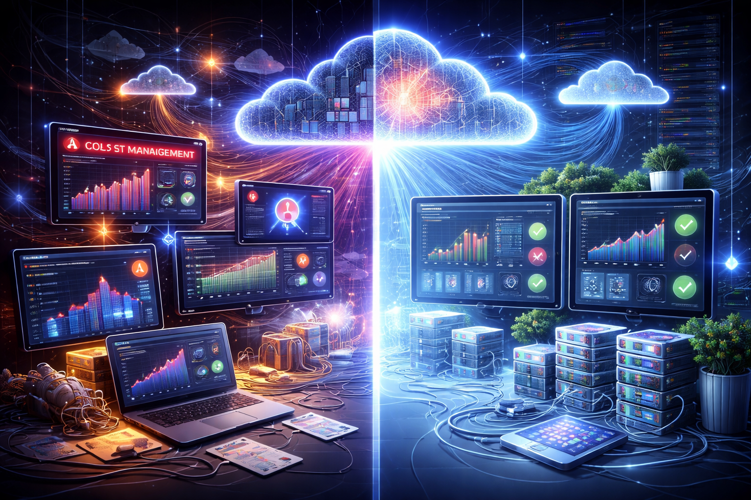 Ilustração futurista mostrando erros na gestão de custos em cloud, com dashboards caóticos, desperdício de recursos e falta de visibilidade em ambiente de nuvem com IA
