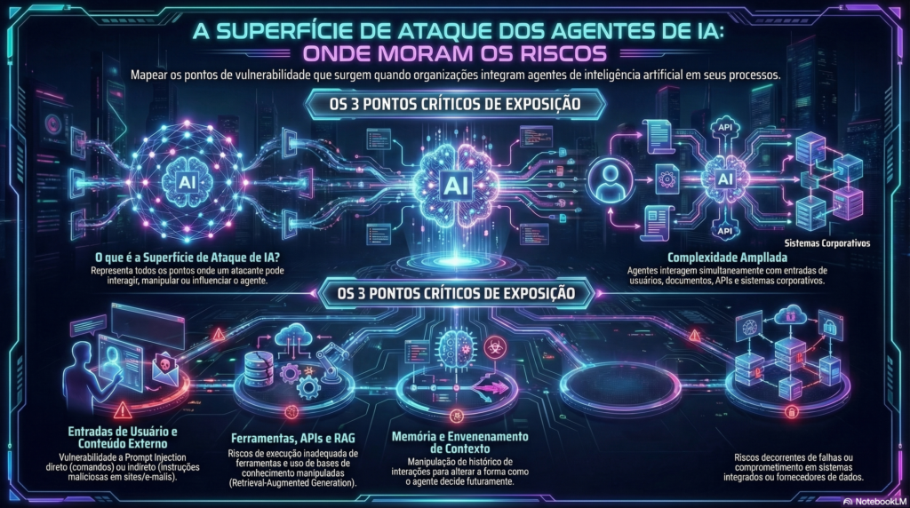 Infográfico - A Superfície de Ataque dos Agentes de IA. 