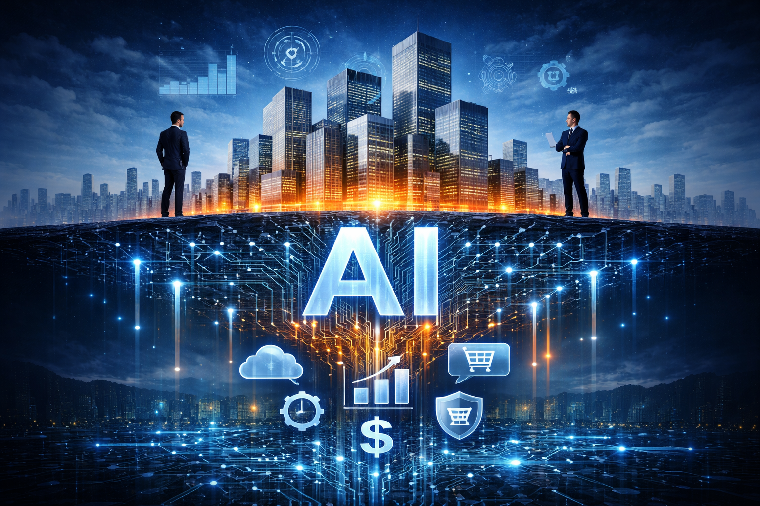 Representação conceitual da Inteligência Artificial como infraestrutura invisível sustentando operações empresariais modernas.