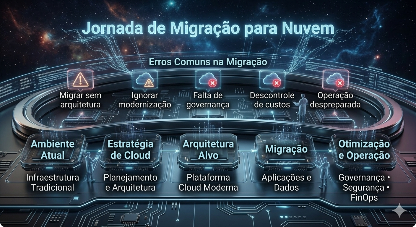 Infográfico mostrando a jornada de migração para nuvem e os cinco erros mais comuns em projetos de cloud computing empresarial.