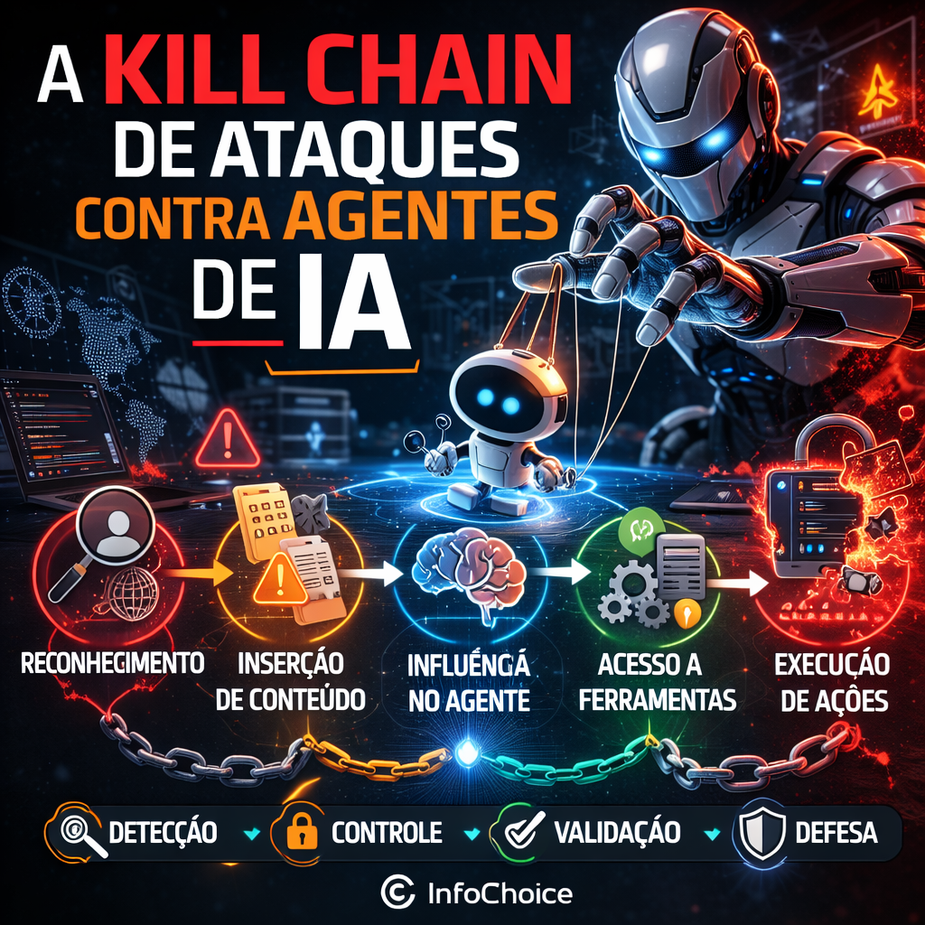 Infográfico ilustrando a kill chain de ataques contra agentes de inteligência artificial, mostrando etapas como reconhecimento do sistema, inserção de conteúdo malicioso, manipulação do agente, acesso a ferramentas e execução de ações.