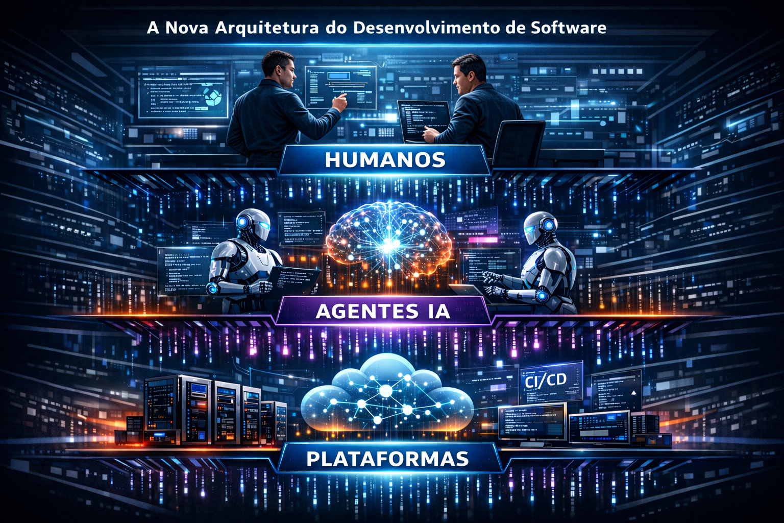 A nova arquitetura do desenvolvimento de software: humanos, agentes e plataformas de IA