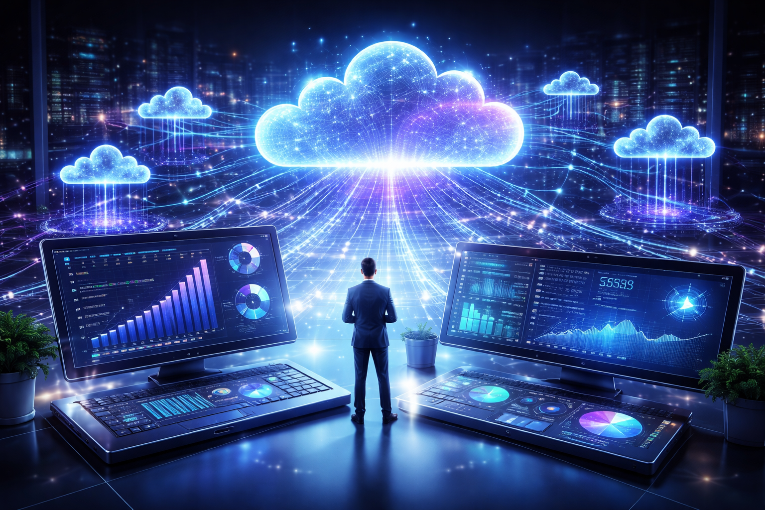 Representação de FinOps na era da Inteligência Artificial com controle de custos em nuvem, dashboards financeiros e ambiente multi-cloud complexo.