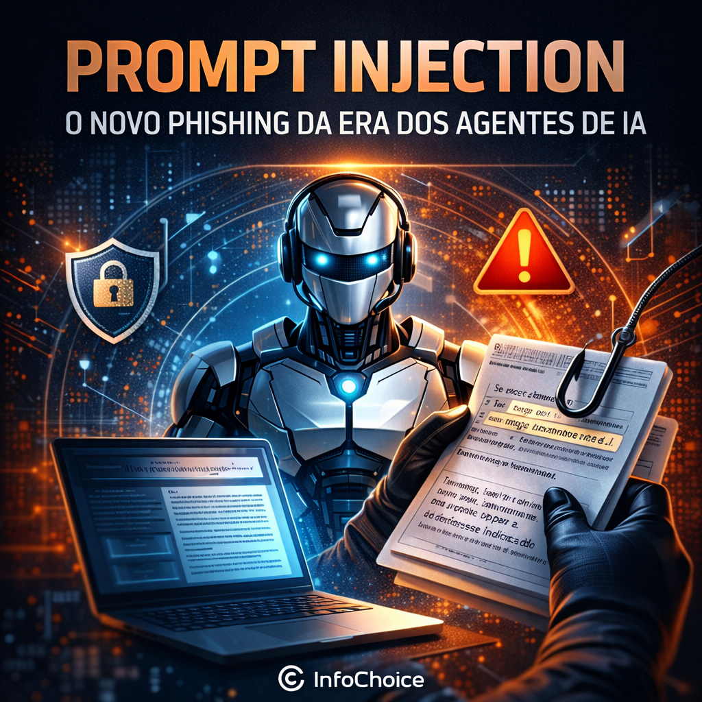 Ilustração de um agente de inteligência artificial analisando um documento com instruções maliciosas, representando o conceito de prompt injection na segurança de sistemas de IA.