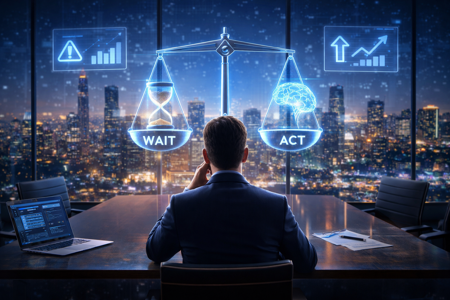 Ilustração conceitual de um CEO analisando decisões estratégicas sobre Inteligência Artificial, equilibrando velocidade, risco e competitividade em um ambiente corporativo moderno.