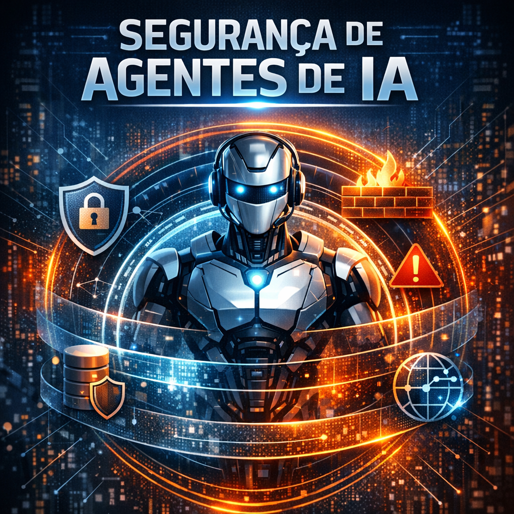 Ilustração conceitual da segurança de agentes de inteligência artificial mostrando um agente de IA cercado por camadas de proteção, representando riscos, arquitetura de segurança e governança de sistemas baseados em agentes inteligentes.