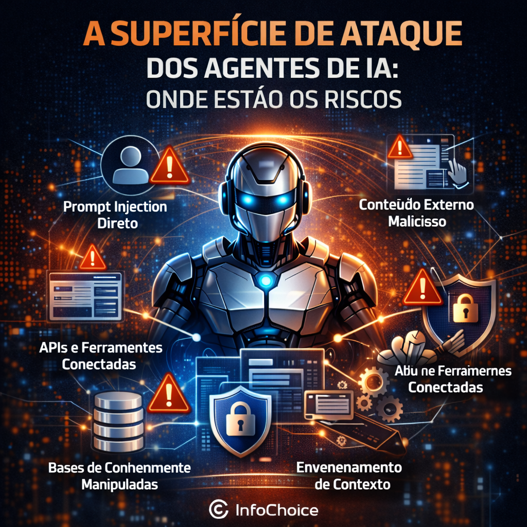 Ilustração representando a superfície de ataque de agentes de inteligência artificial, mostrando diferentes vetores de risco como prompt injection, APIs conectadas, bases de conhecimento manipuladas e conteúdo externo malicioso.