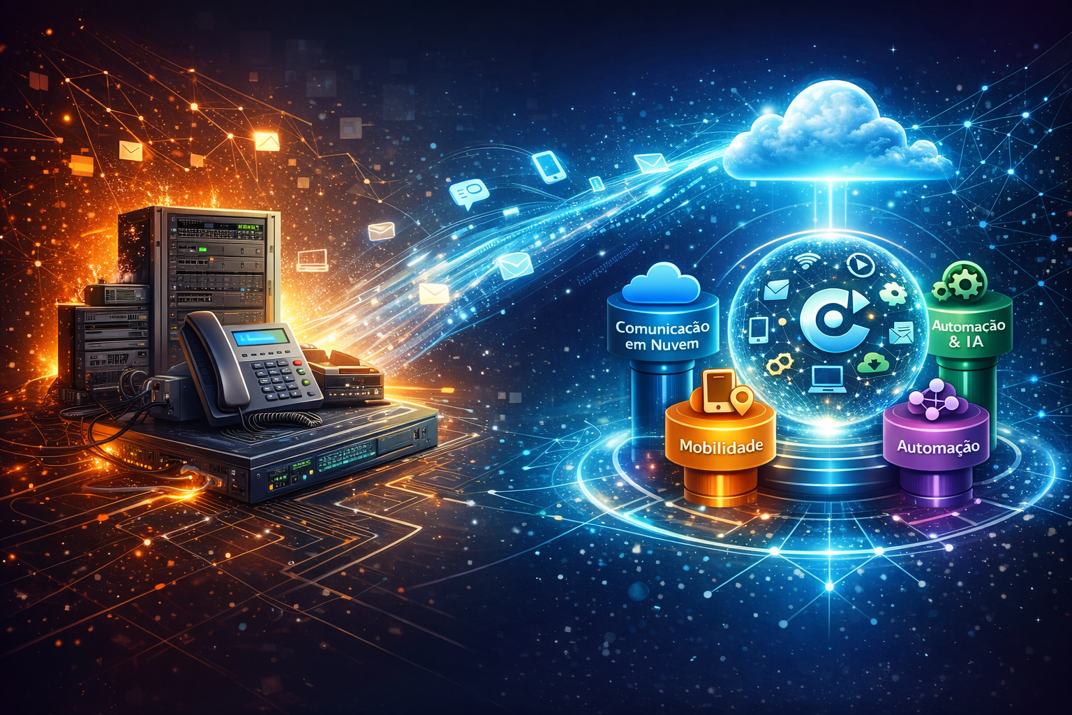 Ilustração mostrando a evolução da comunicação corporativa, da telefonia tradicional para plataformas modernas baseadas em nuvem, mobilidade e automação.