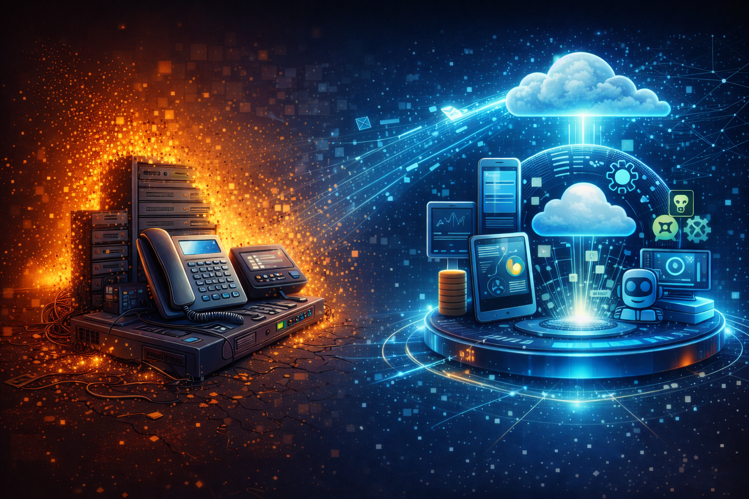 Ilustração mostrando a transição da telefonia tradicional baseada em hardware para plataformas modernas de comunicação em nuvem.