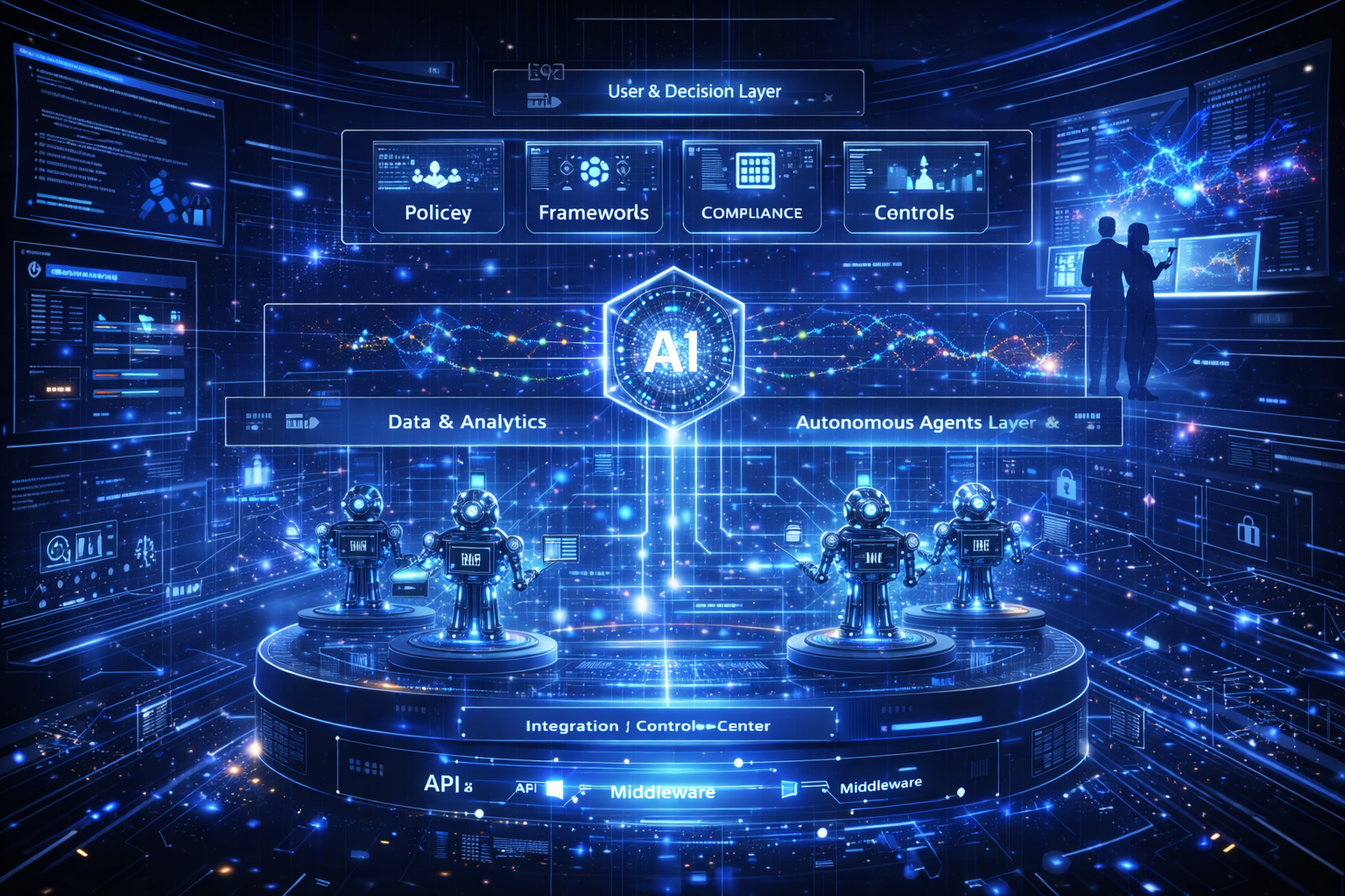 Arquitetura digital representando um ecossistema de governança inteligente com camadas de dados, inteligência artificial, agentes autônomos e dashboards executivos.