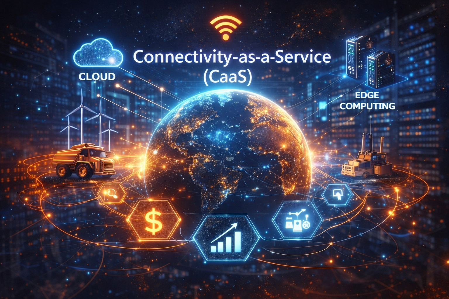 Representação de conectividade global integrada a cloud, IoT e edge computing, simbolizando modelo de receita recorrente baseado em serviços digitais..