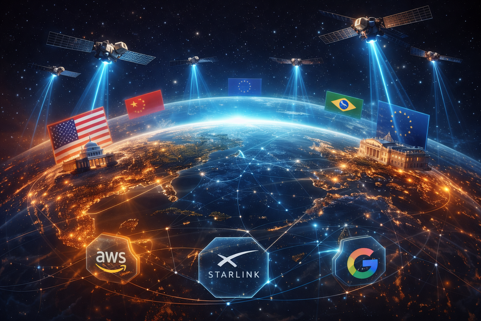 Representação da Terra conectada por satélites em órbita baixa, simbolizando disputa geopolítica digital entre grandes empresas e governos pelo controle da conectividade global..