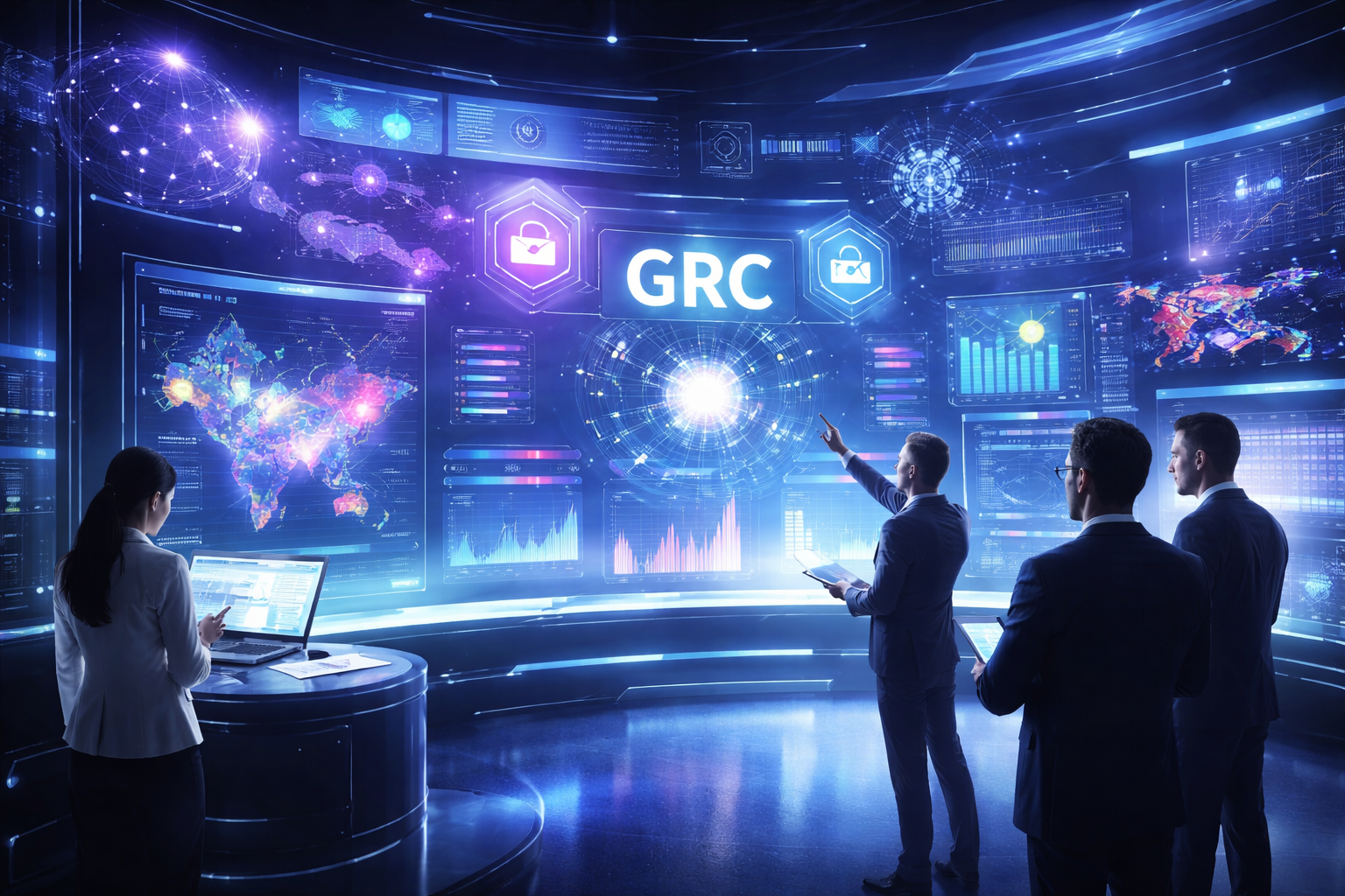 Ilustração futurista representando governança, risco e compliance com inteligência artificial, dashboards inteligentes e análise preditiva.