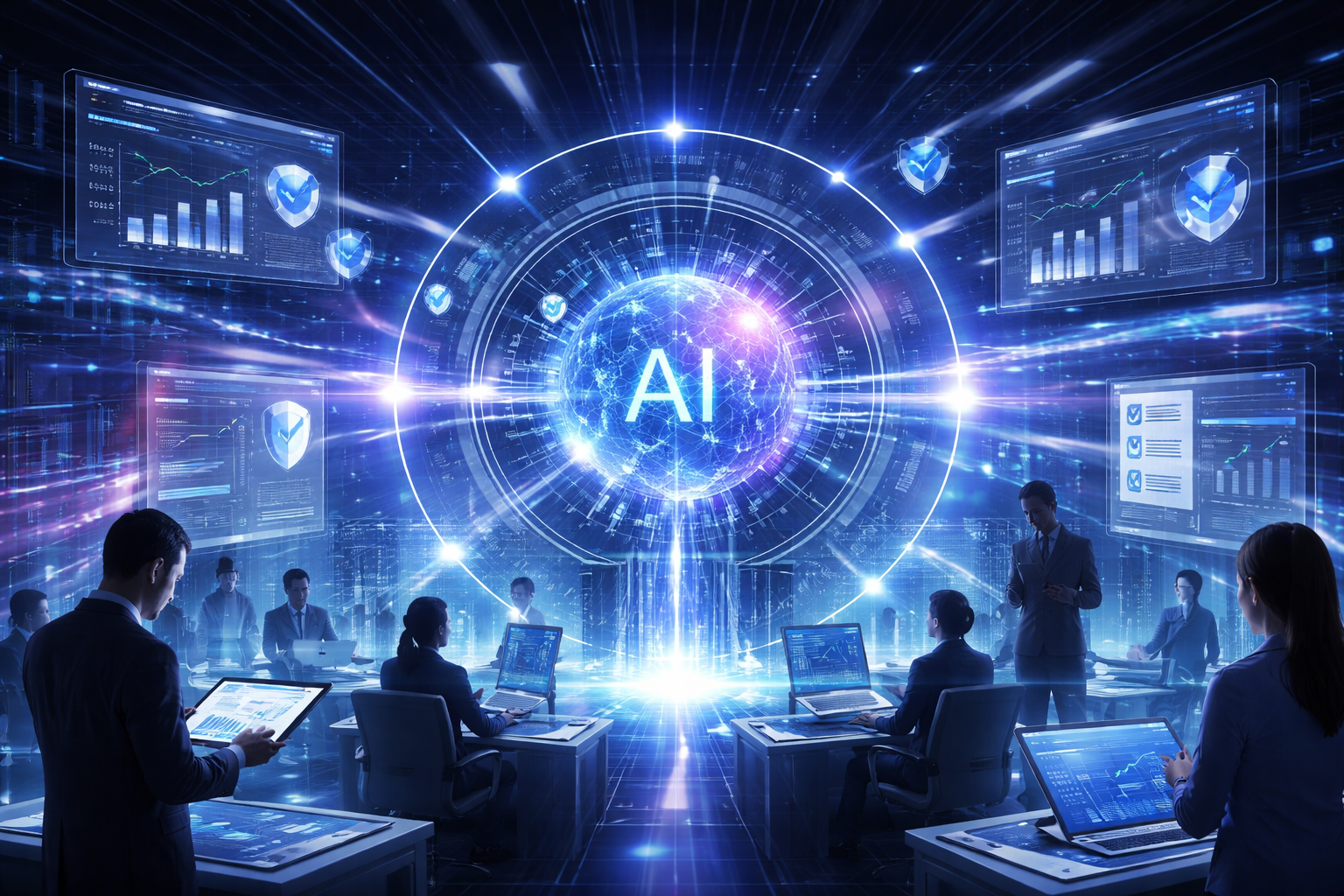 Ilustração de governança, risco e compliance com inteligência artificial conectando dados e decisões estratégicas em ambiente corporativo digital.