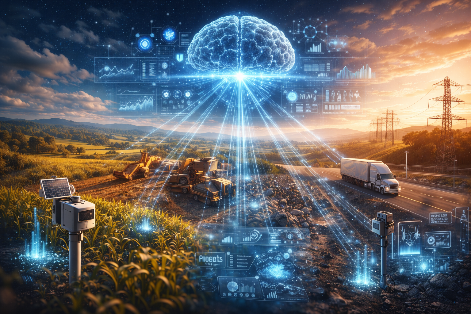 Visualização de sensores IoT coletando dados em campo, com fluxo de informações sendo transformado em dashboards analíticos e decisões estratégicas em tempo real..