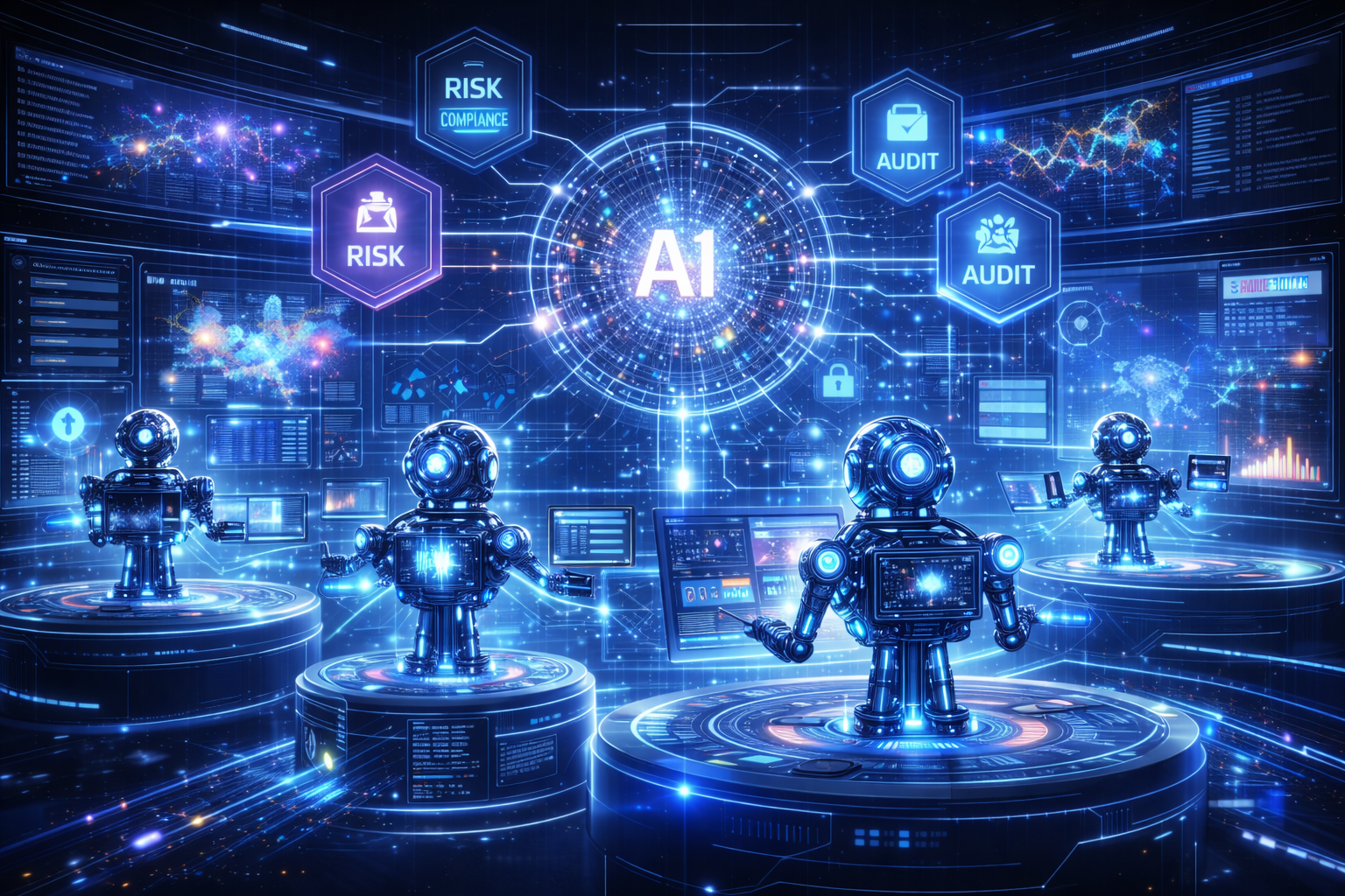 Ilustração de agentes de inteligência artificial operando em um sistema de GRC com análise de dados, automação e tomada de decisão em tempo real.