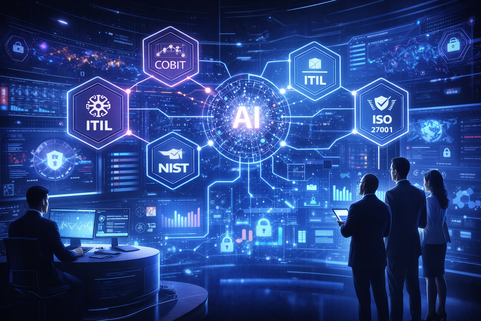 Ilustração representando integração entre frameworks de governança (COBIT, ITIL, NIST, ISO) com inteligência artificial e análise de dados em tempo real.