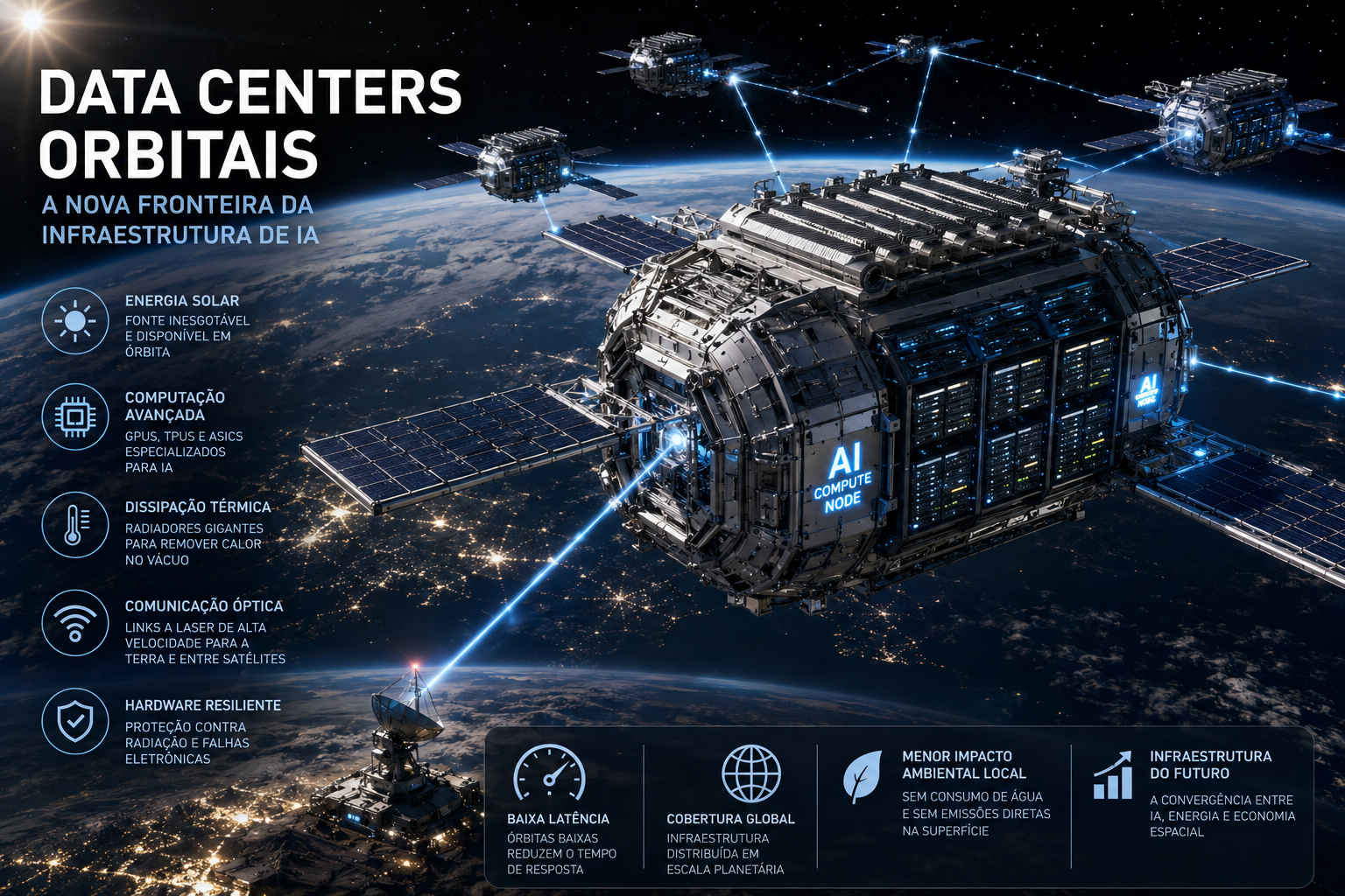 Ilustração futurista de um data center orbital em órbita terrestre com satélites avançados processando inteligência artificial e conectados à Terra por feixes ópticos.