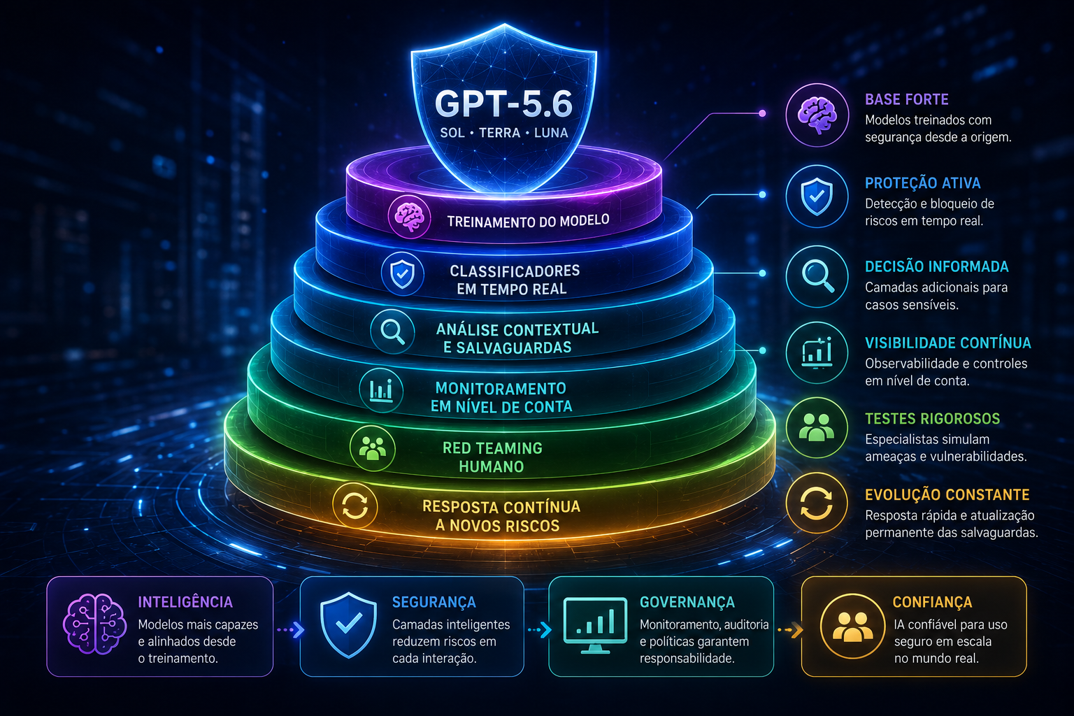 Infográfico futurista ilustrando a arquitetura em camadas do Deployment Safety do GPT-5.6, destacando treinamento do modelo, classificadores em tempo real, análise contextual, monitoramento contínuo, red teaming humano e resposta contínua a novos riscos, representando a evolução da governança e da segurança na Inteligência Artificial.