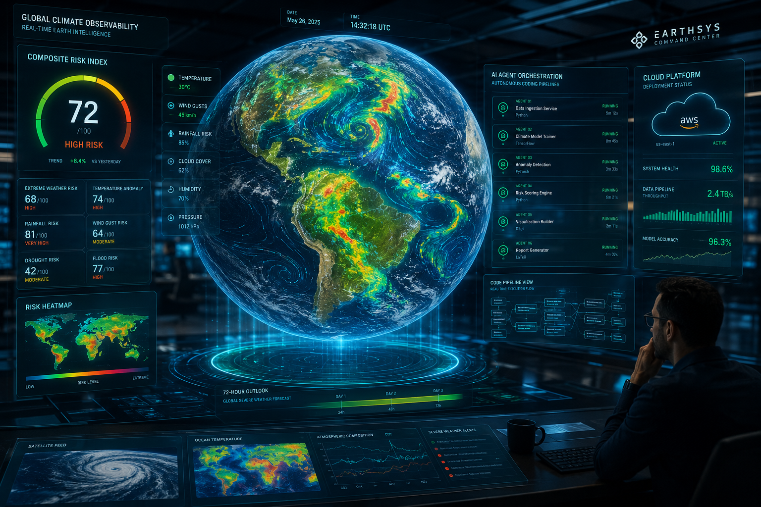 Dashboard do EcoGuardIA V2 da InfoChoice exibindo globo holográfico em 3D com dados climáticos em tempo real e enxame multiagente.