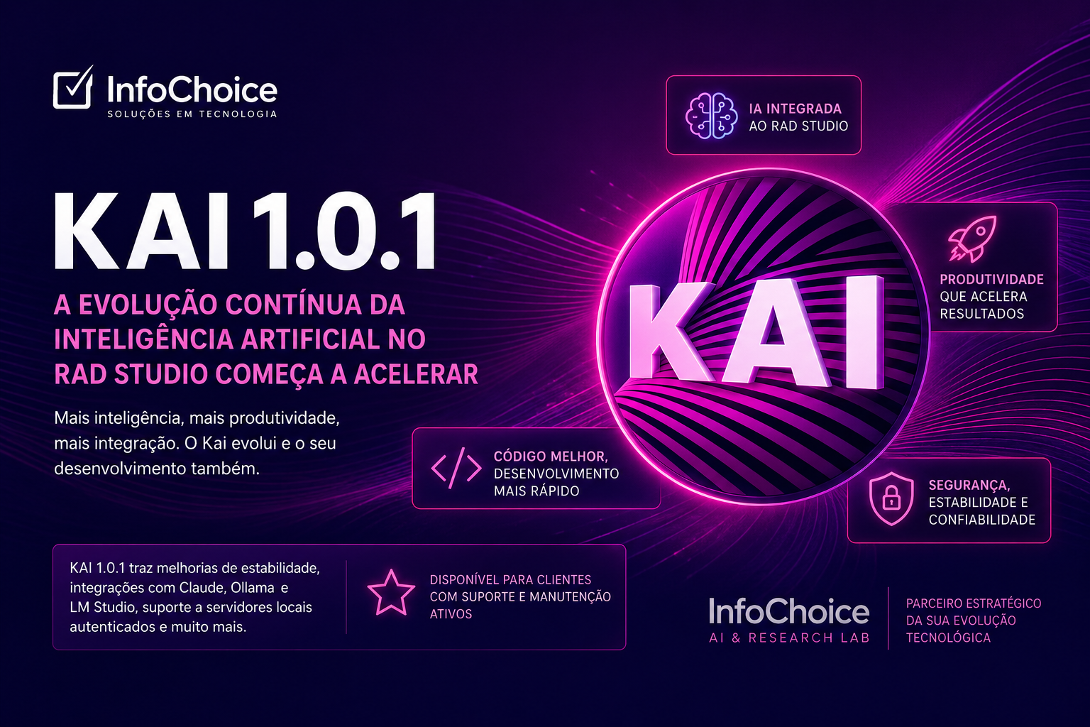 Kai 1.0.1 no RAD Studio representando a evolução contínua da Inteligência Artificial para desenvolvedores Delphi e C++Builder, com elementos visuais em tons de roxo, magenta e azul simbolizando produtividade, inovação e integração.